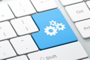 Web design concept: Enter button with Gears on computer keyboard, 3d render